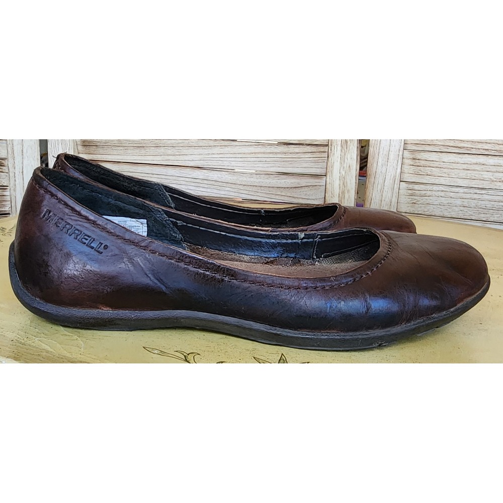 Merrell Sz 7 Brown Leather Ballet Flats Comfort Slip On Minimalist Quiet Luxury